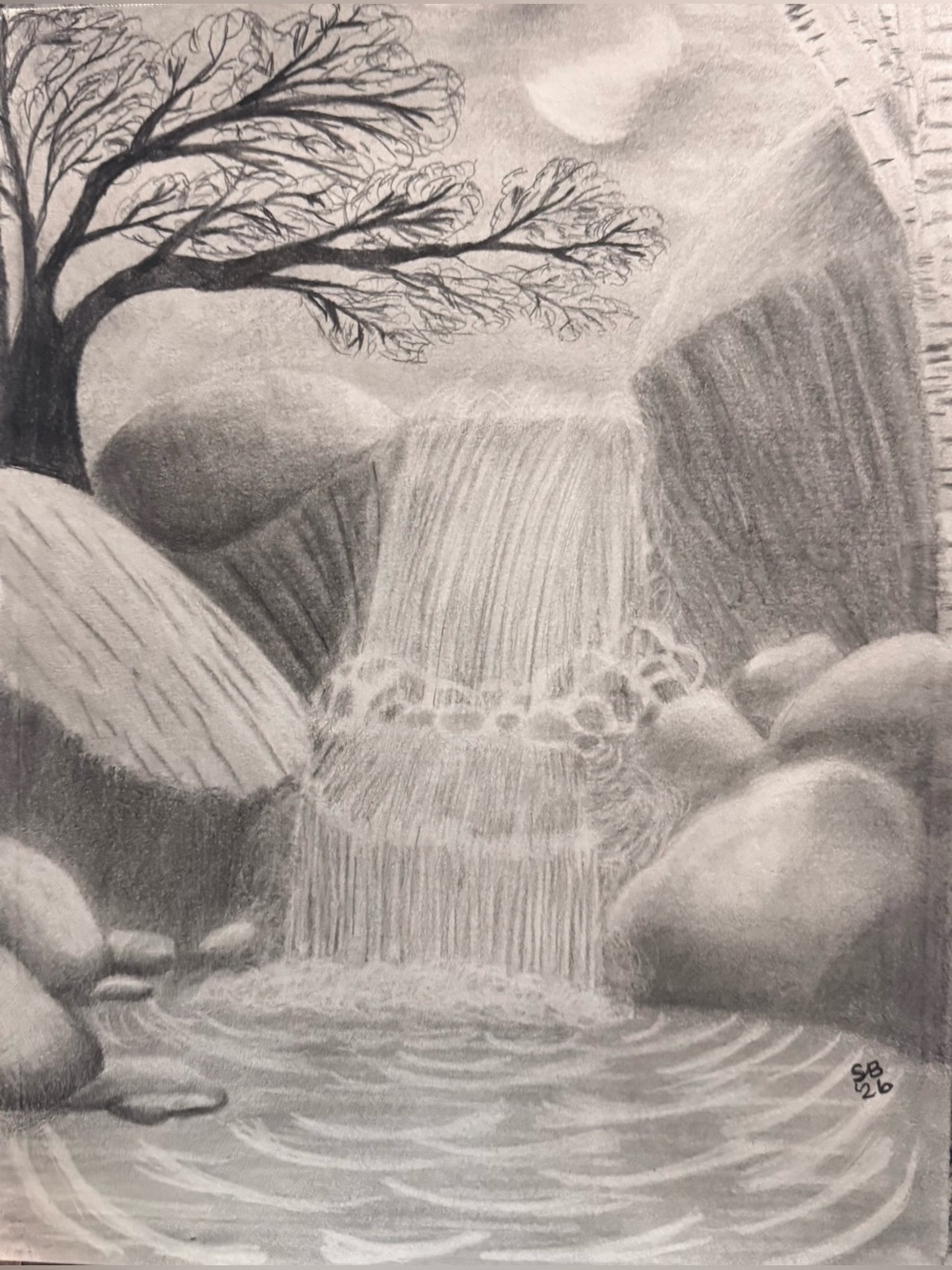 Serene Waterfall in Graphite by Sandi Bramman of Dreaming in Graphite. “Falls”
